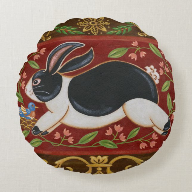 Folk Rabbit Rond Kussen (Voorkant)