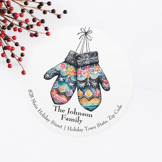 Folk Winter Mittens Kerstretour adres Ronde Sticker