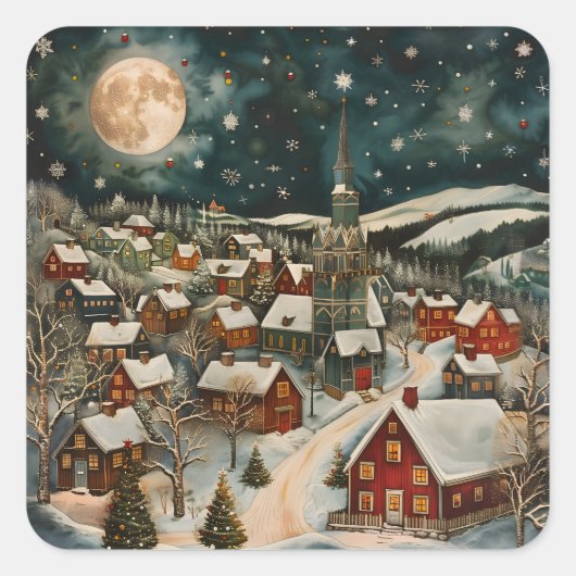 Folk Winter Village Vierkante Sticker (Voorkant)