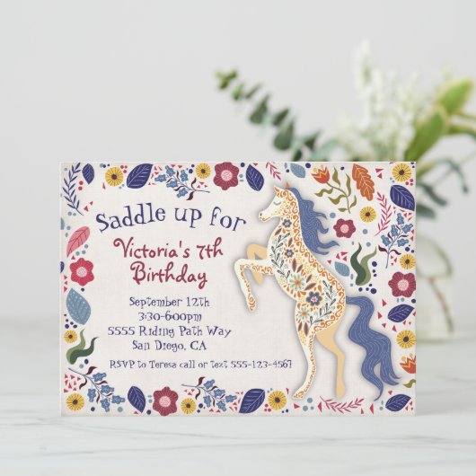 Folkart Boho Horse Verjaardagsfeest uitnodiging (Staand voorkant)