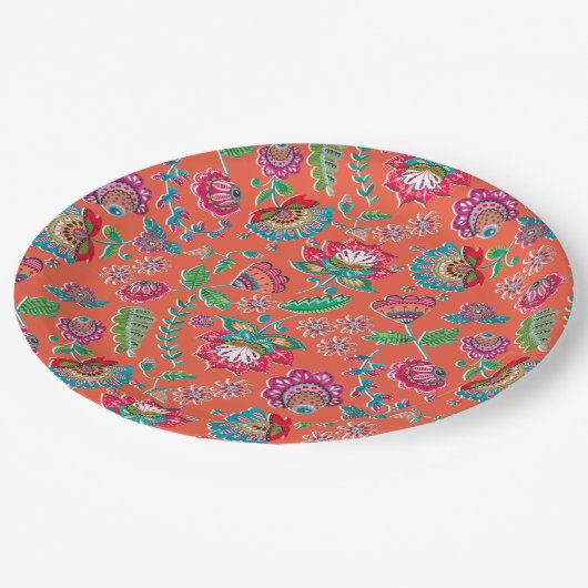 Folkbloem helder oranje bloempatroon bruiloft papieren bordje (Gekanteld)