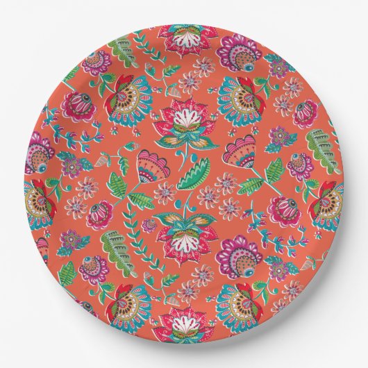 Folkbloem helder oranje bloempatroon bruiloft papieren bordje (Voorkant)