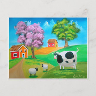 Folkkunst, kleurrijk schilderij van koeien en scha briefkaart