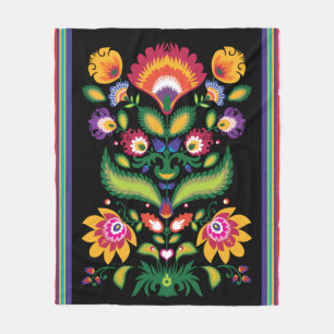 Folklore bloemen, mengsel van kleuren 2 op zwart fleece deken