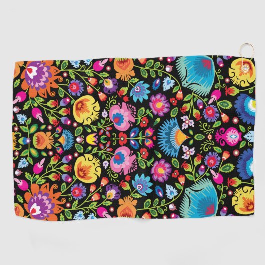 Folklore bloemen Wycinanki zwart Golfhanddoek (Horizontaal)