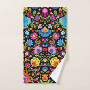 Folklore bloemen Wycinanki zwart Handdoek