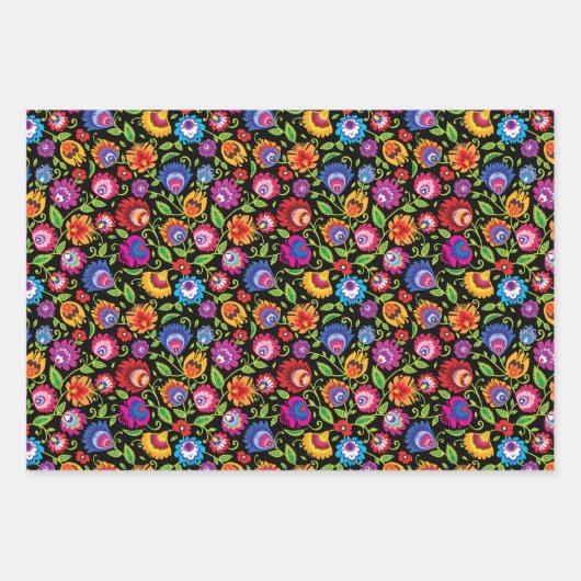 Folklore bloemen Wycinanki zwart Inpakpapier Vel (Voorkant 2)