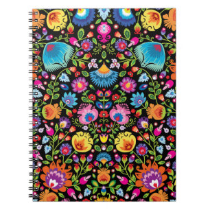 Folklore bloemen Wycinanki zwart Notitieboek
