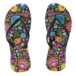 Folklore bloemen Wycinanki zwart Teenslippers