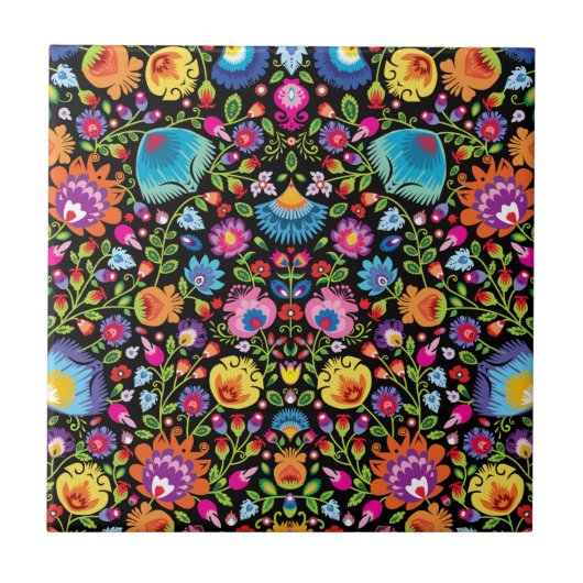 Folklore bloemen Wycinanki zwart Tegeltje (Voorkant)