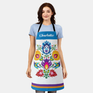 Folklore met bloemen en 2 vogels schort