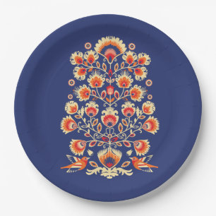 💙 💛 🧡 Folklore met gele bloemen en vogels Papieren Bordje
