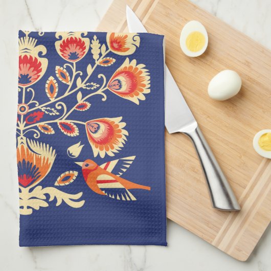 💙 💛 Folklore met gele bloemen en vogels Theedoek (Quarter Fold)