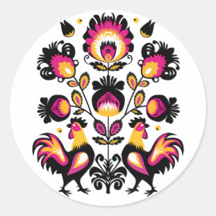 Folklore with black, pink and yellow roosters ronde sticker