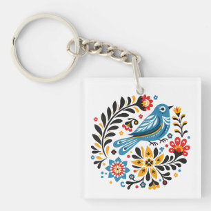 Folksy Bluebird en Wildflower Sleutelhanger