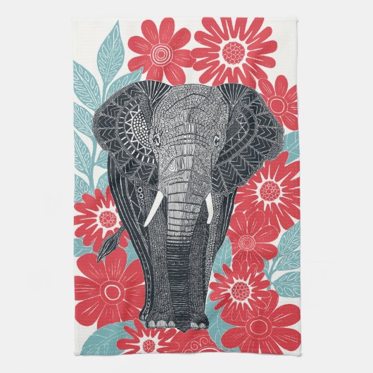 Folksy Elephant Red Theedoek (Verticaal)