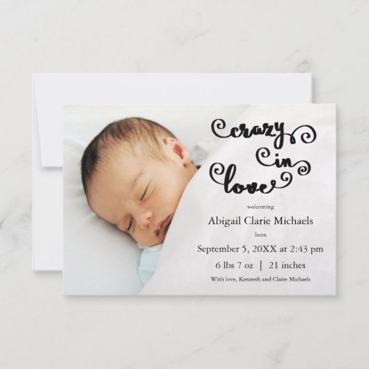 Folle amoureuse - Faire-part de naissance 3x5 (Devant)