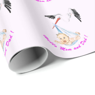 Folle Ooievaar met Baby Shower Inpakpapier
