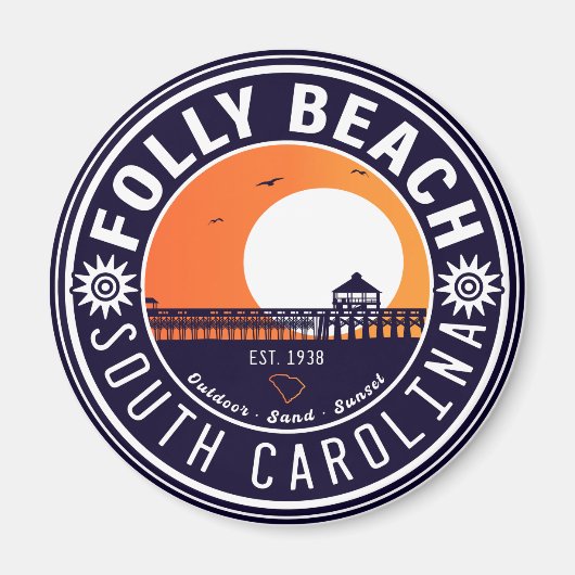 Folly Beach SC Souvenirs Retro Sunset Pier 60s Magneet (Voorkant)