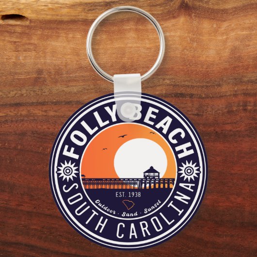 Folly Beach SC Souvenirs Retro Sunset Pier 60s Sleutelhanger (Voorkant)