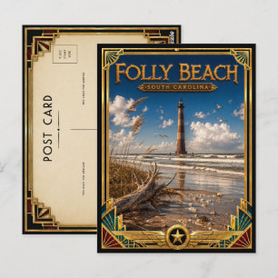 Folly Beach South Carolina Vintage Art Deco Goud Briefkaart