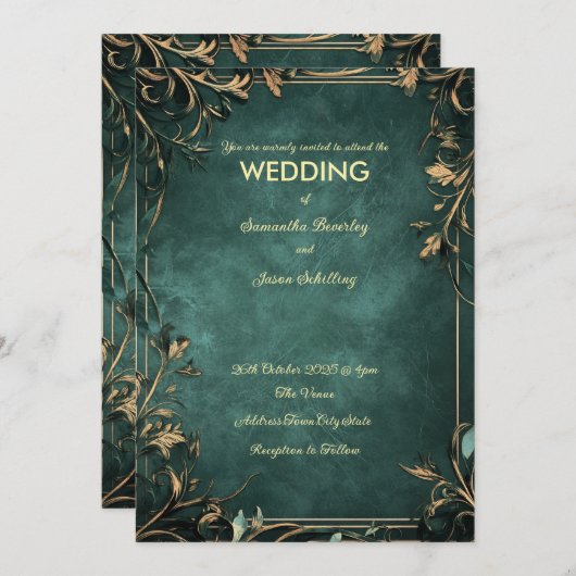 Fond Marbré Vert Foncé, Invitation Bordures Rustiq (Devant / Derrière)