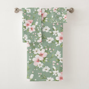 Fond vert floral blanc rose Cottage Core