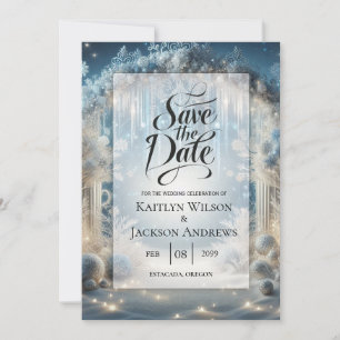 Fonkelend besneeuwd bosbruiloft save the date