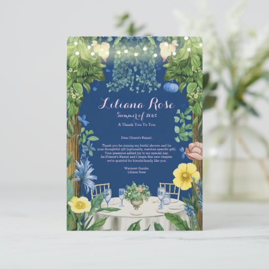 Fonkelende Blauwe Bloementuin Bruidsdouche Bedankkaart (Staand voorkant)