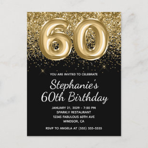 Fonkelende Gouden Glitter Zwarte Ballon 60e Verjaa Uitnodiging Briefkaart