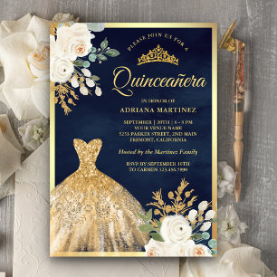 Fonkelende jurk ivoor bloemen navy goud Quinceaner Kaart