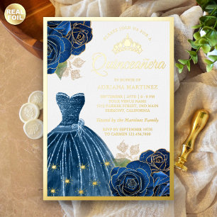 Fonkelende jurk Navy Blauwe Rozen Quinceanera Goud Folie Uitnodiging