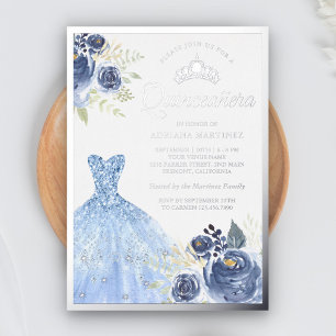 Fonkelende jurk pastelblauwe rozen Quinceanera Folie Uitnodiging