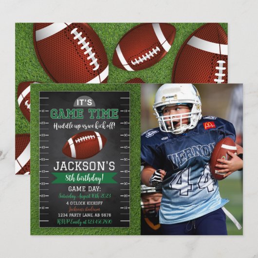 Football Anniversaire Photo Invitation Noir (Devant / Derrière)