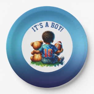 Football Baby Boy en Teddy Baby shower Het is een  Papieren Bordje