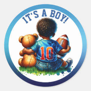 Football Baby Boy en Teddy Baby shower Het is een Ronde Sticker