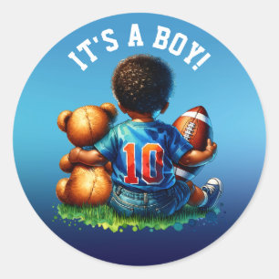 Football Baby Boy en Teddy Baby shower Het is een Ronde Sticker