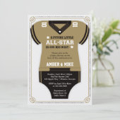 Football Baby shower Uitnodiging, goud, zwart Kaart (Staand voorkant)