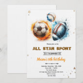 Football baseball and soccer party Invitation  (Devant / Derrière)