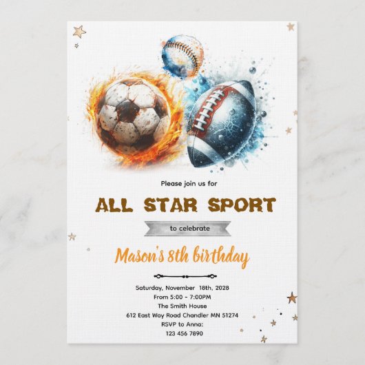 Football baseball and soccer party Invitation  (Devant)