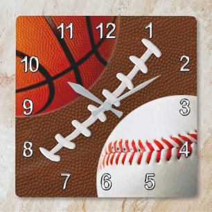 Football, Basketball Baseball Sportwandklok Vierkante Klok