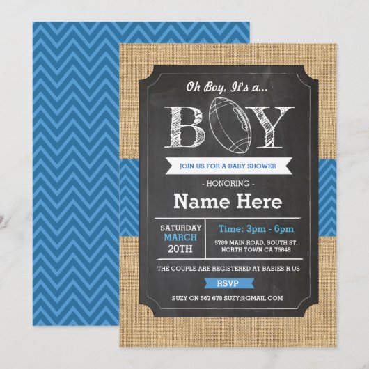 Football Blue Boy Baby shower Rugby Uitnodigen Kaart (Voorkant / Achterkant)
