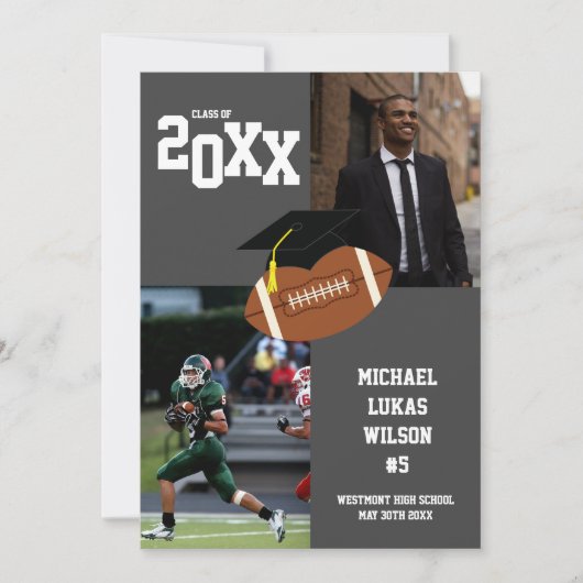 Football Graduation Sports Grey Faire-part (Devant)