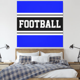 FOOTBALL Helderblauw Zwart Wit Racing Stripes Canvas Afdruk