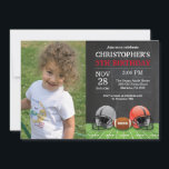 Football Invitation Anniversaire Fête Rouge<br><div class="desc">Invitation d'anniversaire de football avec photo personnalisée.Fête d'anniversaire. Invitation de fête d'anniversaire de garçon ou de fille. Football Sport Theme Birthday Bash. Rouge et Blanc. Arrière - plan de tableau de bord. 1er anniversaire. 1ère 2ème 3ème 4ème 5ème 7ème 8ème 9ème 10ème 11ème 13ème 14ème 15ème, n'importe quel âge. Numérique...</div>