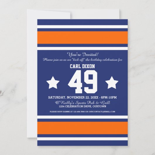Football Jersey Blue|Orange Party Invitations (Devant)