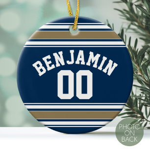 Football Jersey Navy Blue Gold Stripes Name Number Keramisch Ornament