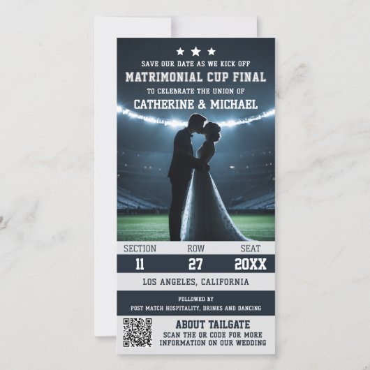 Football Match Ticket met QR Code Wedding Save The Date (Achterkant)