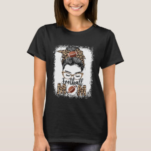 Football Moeder Spel Dag Messy Bun Leopard Moeder T-shirt