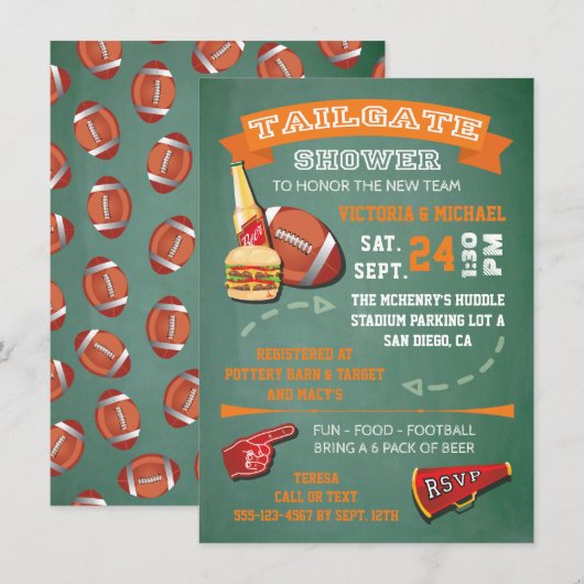 Football Tailgate Shower green chalkboard Invite Kaart (Voorkant / Achterkant)